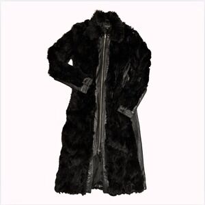 Bebe Black Rabbit Fur Genuine Leather Trench Coat